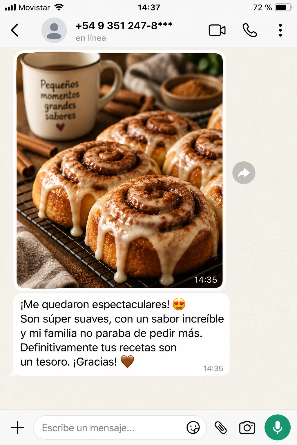 Testimonio de cliente: los rollos quedaron espectaculares, suaves y con un sabor increíble