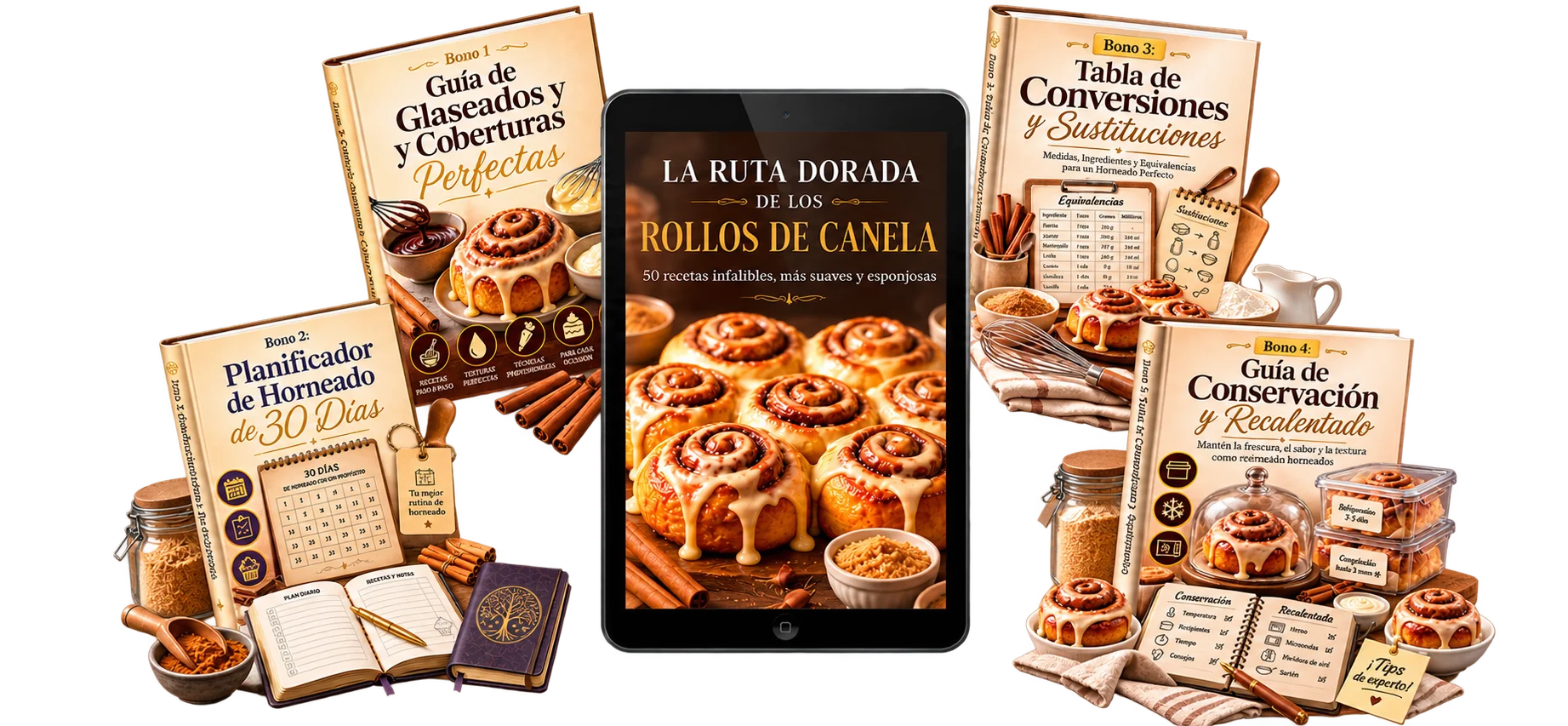 Tablet con el recetario La Ruta Dorada de los Rollos de Canela junto a los cuatro bonos digitales incluidos