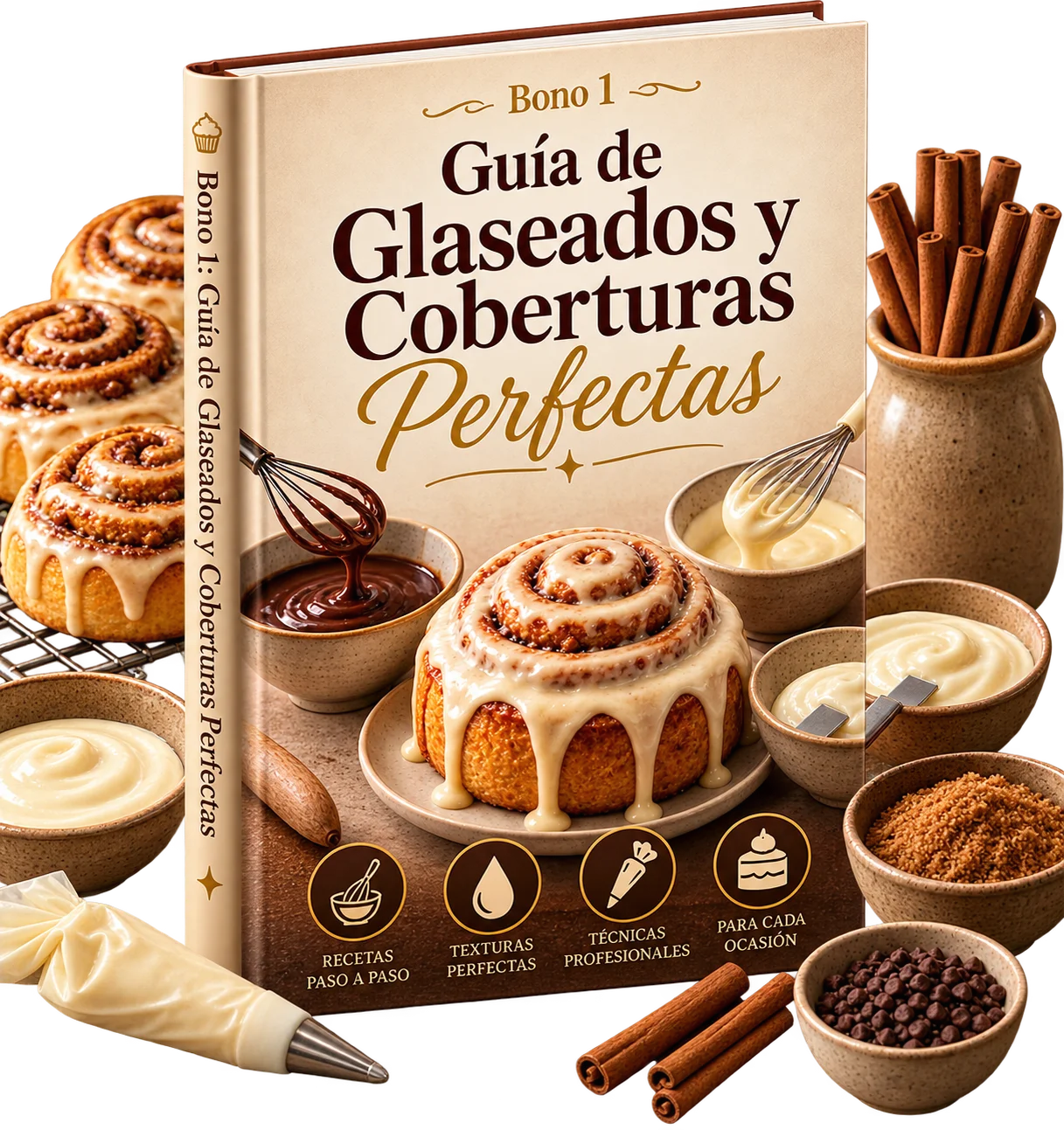 Cuencos con distintos glaseados: queso crema, caramelo, chocolate y matcha