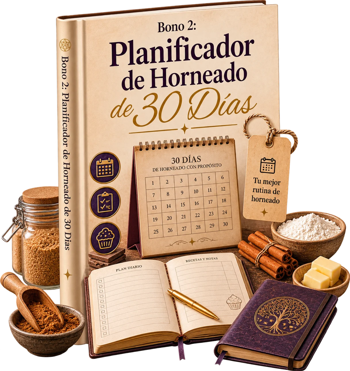 Planificador mensual de horneado impreso junto a ramas de canela