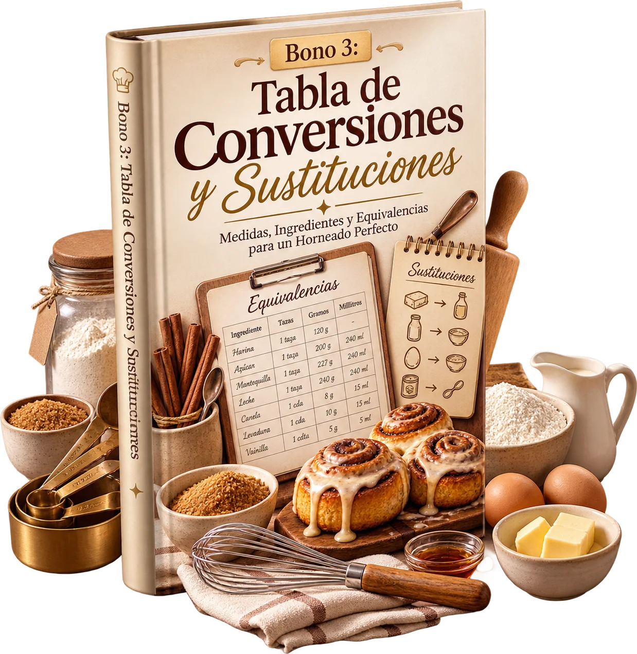 Báscula de cocina, medidores y una tabla de conversiones impresa